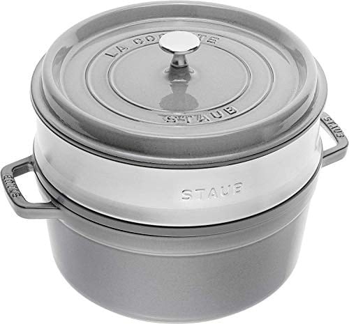 STAUB Dökme demir kızartma tavası / Cocotte buhar eklentili, yuvarlak 26 cm, 5.2 l, tencerenin içinde mat siyah emaye kaplama, grafit grisi