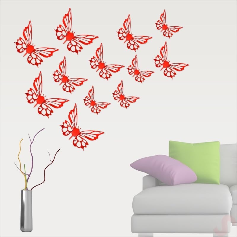 SüSLe Bebek ve Parti 3 Boyutlu Kelebek, Karton Sticker 12 Adet - Metalik Kırmızı