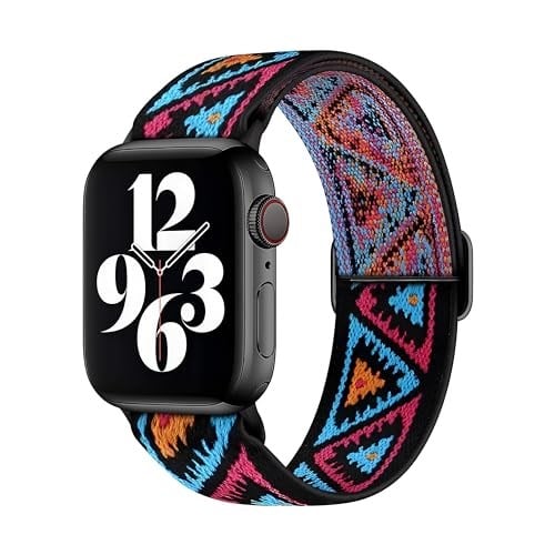 Teknoft Apple Watch ile Uyumlu Etnik Desen Motifli Ayarlanabilir Tokalı Bohemian Serisi Yumuşak Kumaş Kordon - Seçenekler: 38-40-41mm, 42-44-45-46-49mm