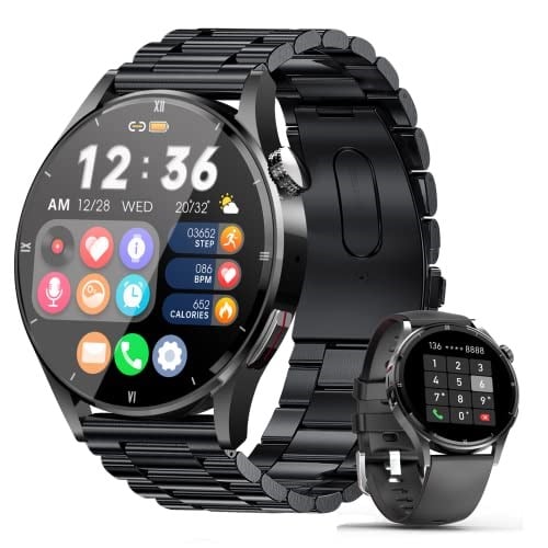 Telefon fonksiyonlu akıllı saat, 1,32 inç akıllı saat, erkek, Bluetooth nabız saati, uyku monitörü, kalp atış hızı, kalori, ses asistanlı, 360 x 360 HD dokunmatik ekran, iOS ve Android için
