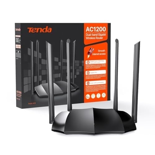 Tenda AC8 WLAN Dual Band Gigabit Router 1200Mbit/s (867Mbit/s 5GHz + 300Mbit/s 2.4GHz, 4 Gigabit Port, Mu-MIMO,4 * 6dBi Harici Anten, Uygulama Kontrolü, IPV6) Siyah