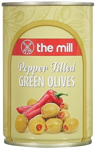 The Mill Biber Dolgulu Yeşil Zeytin Teneke (12'li Paket) - Süzme Ağırlık: 100 g - 361-400 adet/kg - Çekirdeksiz - Salamura - Kuzey Ege Bölgesi Zeytinleri - Vitamin ve Antioksidanca Zengin
