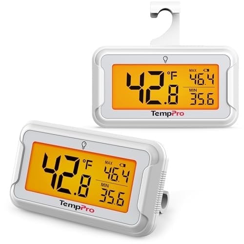 ThermoPro Geniş Arkadan Aydınlatmalı LCD Ekranlı Buzdolabı Termometre, Su Geçirmez Dondurucu Buzdolabı Termometre, Maksimum/Dakika Kayıtlı, Kolay Değiştirme, Manyetik ve Stand Seçeneği, Oda