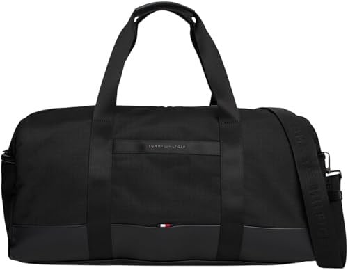 Tommy Hilfiger Erkek Polyester Duffle Çanta, Seyahat ve Spor için, Ayarlanabilir Çapraz Askı, Çift Fermuarlı, Siyah