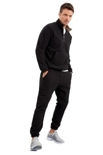 TOMMYLIFE Lacivert Yarım Fermuar Dik Yaka Lastik Paça Polar Erkek Eşofman Takımı - 85159
