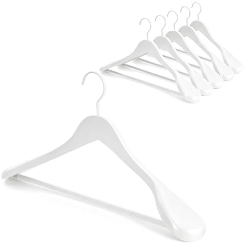 TOPIA HANGER Beyaz Ahşap Elbise Askısı 6'lı Paket, Ahşap Takım Elbise Askıları, Ekstra Geniş Omuzlu Parlak Kaplama, Kalın Beyaz Kancalar ve Kaymaz Çubuk, Mont, Takım Elbise, Elbise, Ceket, Ağır Kumaş