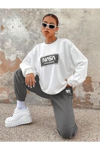 TrendSeninle Kadın Beyaz Füme Nasa Baskılı Oversize Alt Üst Eşofman Takımı