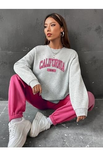TrendSeninle Kadın Gri Yeşil California 1991 Baskılı Oversize Alt Üst Eşofman Takımı