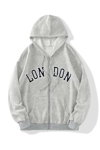 TrendSeninle Unisex Gri London Baskılı Fermuarlı Sweat Hırka