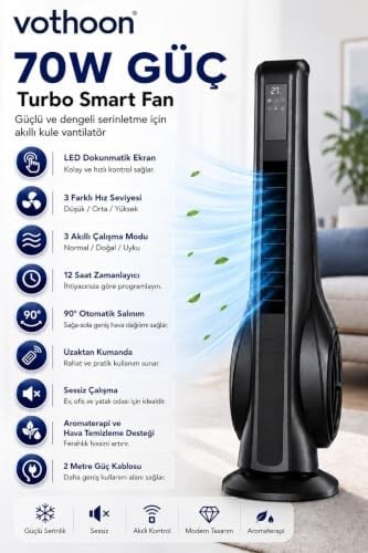 Turbo Smart Akıllı Fan Led Ekranlı Kumandalı 90° Hareketli Serinletici Soğutucu Kule tipi Vantilatör