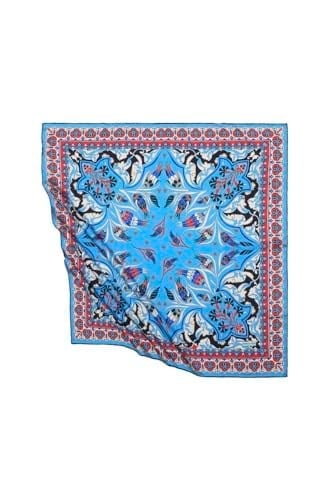 Turkuaz Türk Motifli Çintemani Karanfil Desen İpeksi Eşarp
