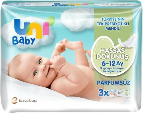 Uni Baby Hassas Dokunuş 156 Yaprak Parfümsüz Islak Mendil, Beyaz, 6-12 Ay (3 x 52 Adet)