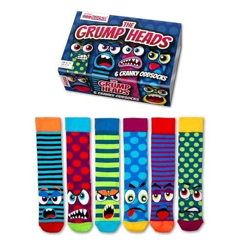 United Oddsocks The Grump Heads Hediye Kutusu – 6 Kaba Karışık ve Eşleşen Tuhaf Çorap Erkekler İçin – UK 6–11, EUR 39–46, US 7–12 – Renkli Canavar Temalı Yenilikçi Çoraplar – Doğum Günü, Noel ve Daha 