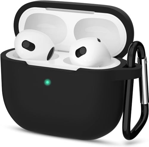 URUCHI AirPods 3. Nesil ile Uyumlu İnce ve Hafif Silikon Kılıf, Yumuşak Esnek Tasarım, Anahtarlıklı, Kablolu ve Kablosuz Şarj Uyumlu – Siyah (A2564 A2565 A2566)