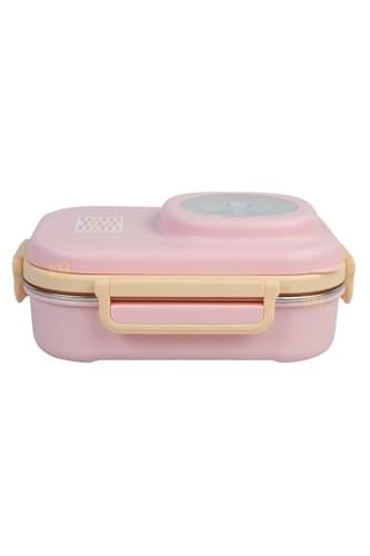 Uzspace Bento 1100ml Lunchbox Tek Katlı 3 Bölmeli Kaseli Çelik Sefer Tası Yemek Kutusu (Açık Pembe-Sarı)