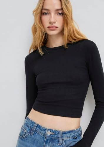 Uzun Kollu Siyah Crop Basic Tişört Crop/Kısa Kesim 1612822-900 - Bedenler: XS, S, M