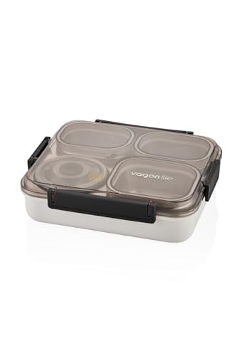Vagonlife Bento 1200ml Lunchbox Tek Katlı 4 Bölmeli ve Kaseli Çelik Sefer Tası Yemek Kutusu (Siyah)