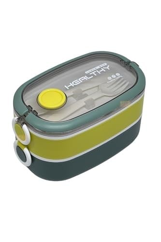 Vagonlife Bento 1300ml Lunchbox 2 Katlı 3 Bölmeli Paslanmaz Çelik Sefer Tası Yemek Kutusu (Koyu Yeşil-Fıstık Yeşili)