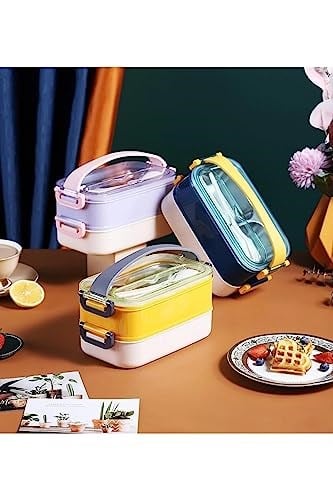 Vagonlife Bento 1600ml Lunchbox 2 Katlı Çelik Sefer Tası Yemek Kutusu (Mor) - Seçenekler: Mor, Lacivert, Sarı