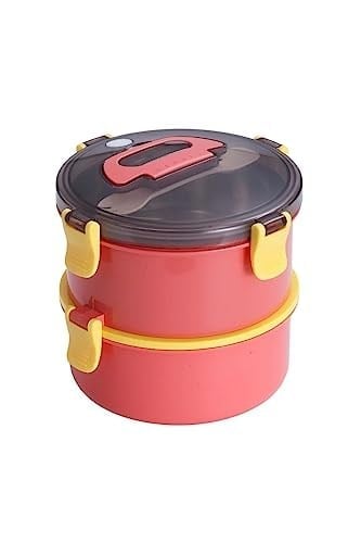 Vagonlife Bento 1600ml Yuvarlak Lunchbox Çift Katlı Çelik Sefer Tası Yemek Kutusu (Açık Kırmızı)