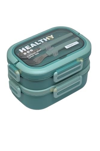 Vagonlife Bento 1650ml Lunchbox 2 Katlı 3 Bölmeli Paslanmaz Çelik Sefer Tası Yemek Kutusu (Yeşil)
