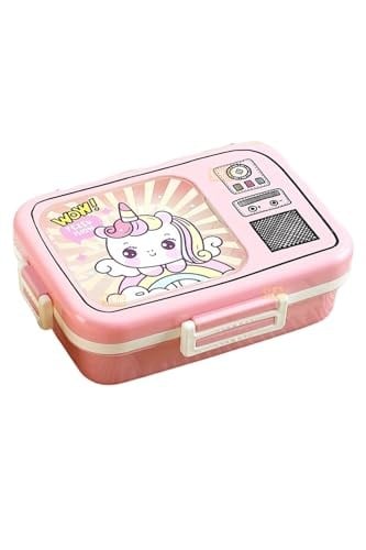 Vagonlife Bento 820ml Lunchbox Sevimli Dostlar Tek Katlı 3 Bölmeli Paslanmaz Çelik Sefer Tası Yemek Kutusu (Pembe Unicorn)