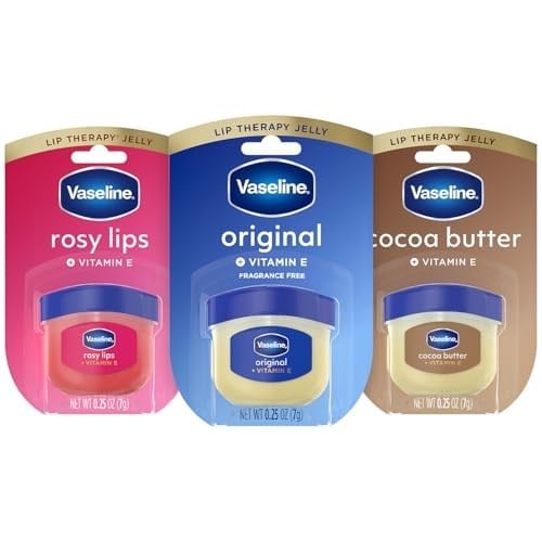 Vazelin Dudak Terapisi Çeşitliliği 3'lü Paket - Orijinal, Pembe Dudaklar, Mini Kavanozlarda Kakao Yağı Dudak Balsamı Nemlendiricileri, 0.5 oz Ea