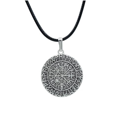 Vegvisir Viking Pusulası Deri ip Kolye - Gümüş Kaplama - Kadın Erkek Kolye - No:1009