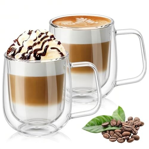 Vicloon Çift Duvar Cam Kupa, Isı Yalıtımlı Bardak Bardak, Saplı 250 ml, Çay Su Bardakları, Kahve, Süt, Cappuccino, Espresso, Şeffaf Bira, 2'li Set