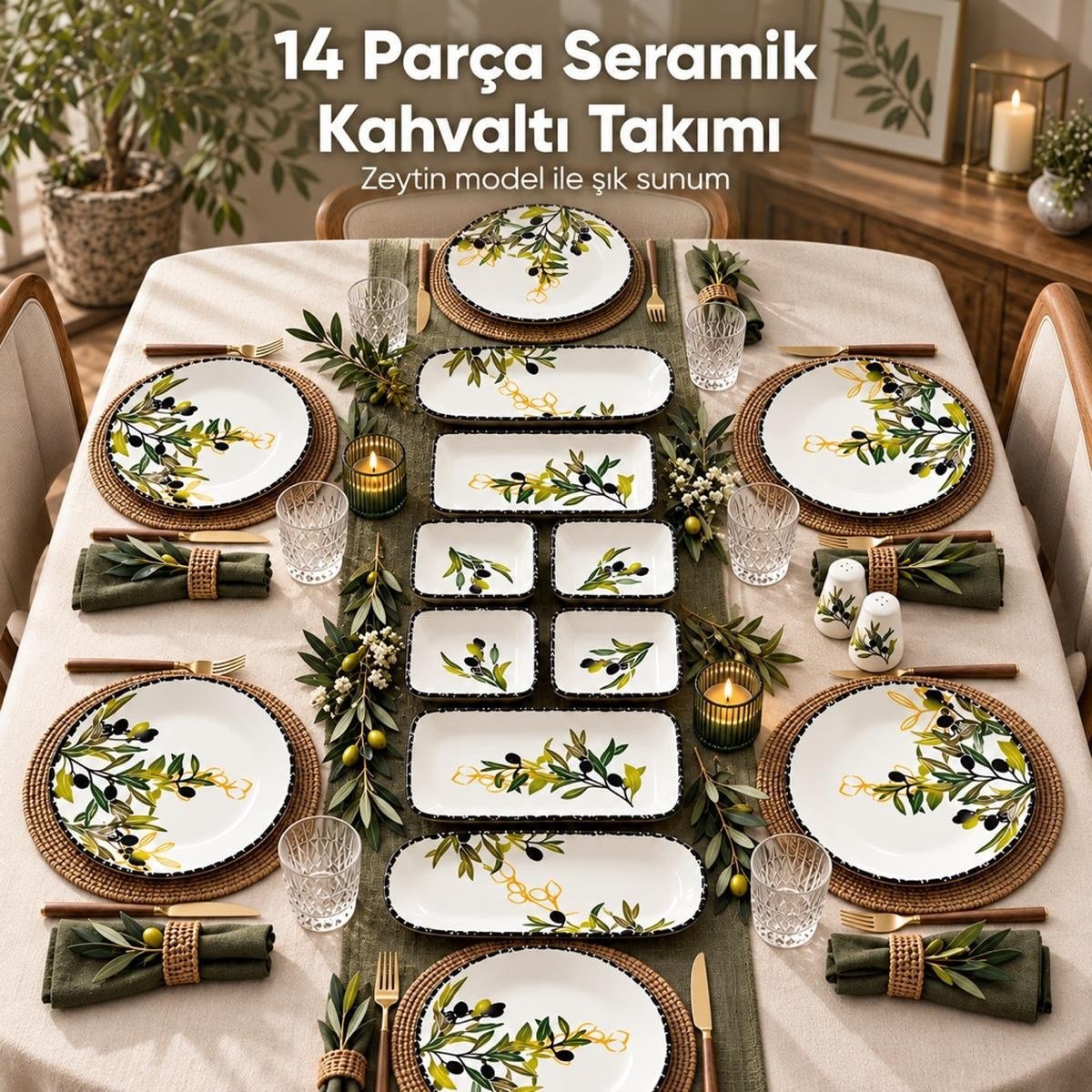 Vienev 14 Parça 6 Kişilik Zeytin Model Seramik Kahvaltı Takımı 6 Pasta Tabağı 4 Kare Kase 2 Dikdörtgen Kase 2 Oval Zeytinlik