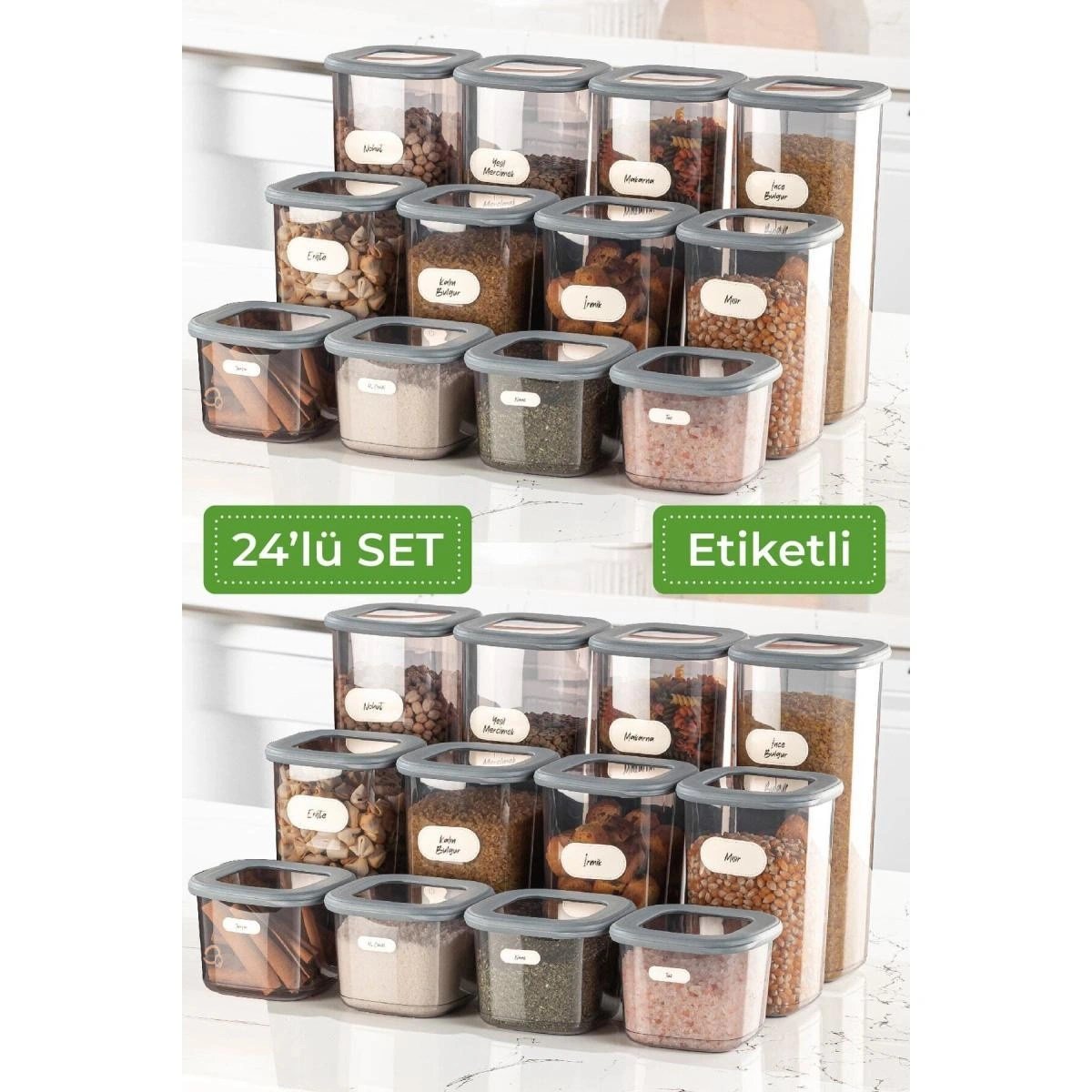 Vienev 24'lü Etiketli Poly Kare Erzak Saklama Kabı Set 8x(0,55 Li̇tre, 1,2 Li̇tre, 1,75 Li̇tre) Antrasit