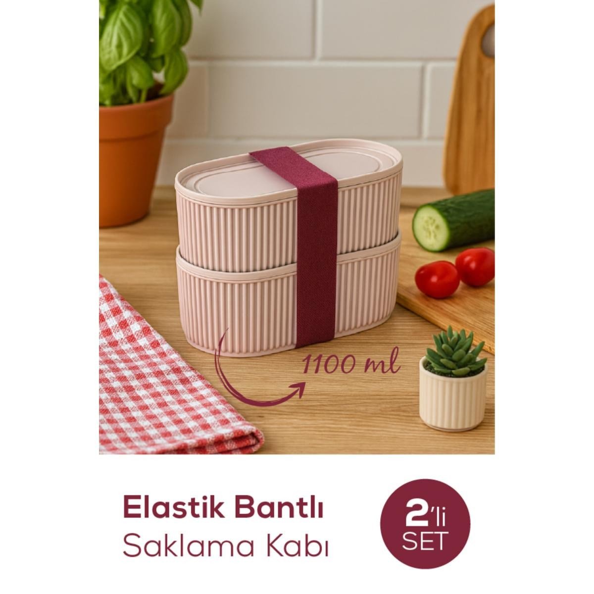 Vienev 2'li Elastik Bantlı İstiflenebilir Pratik Saklama Kabı Seti 2x(1100 Ml) Pembe