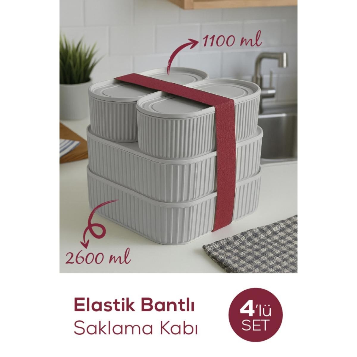 Vienev 4'lü Elastik Bantlı İstiflenebilir Pratik Saklama Kabı Seti 2x 1100 Ml 2x 2600 Ml Gri