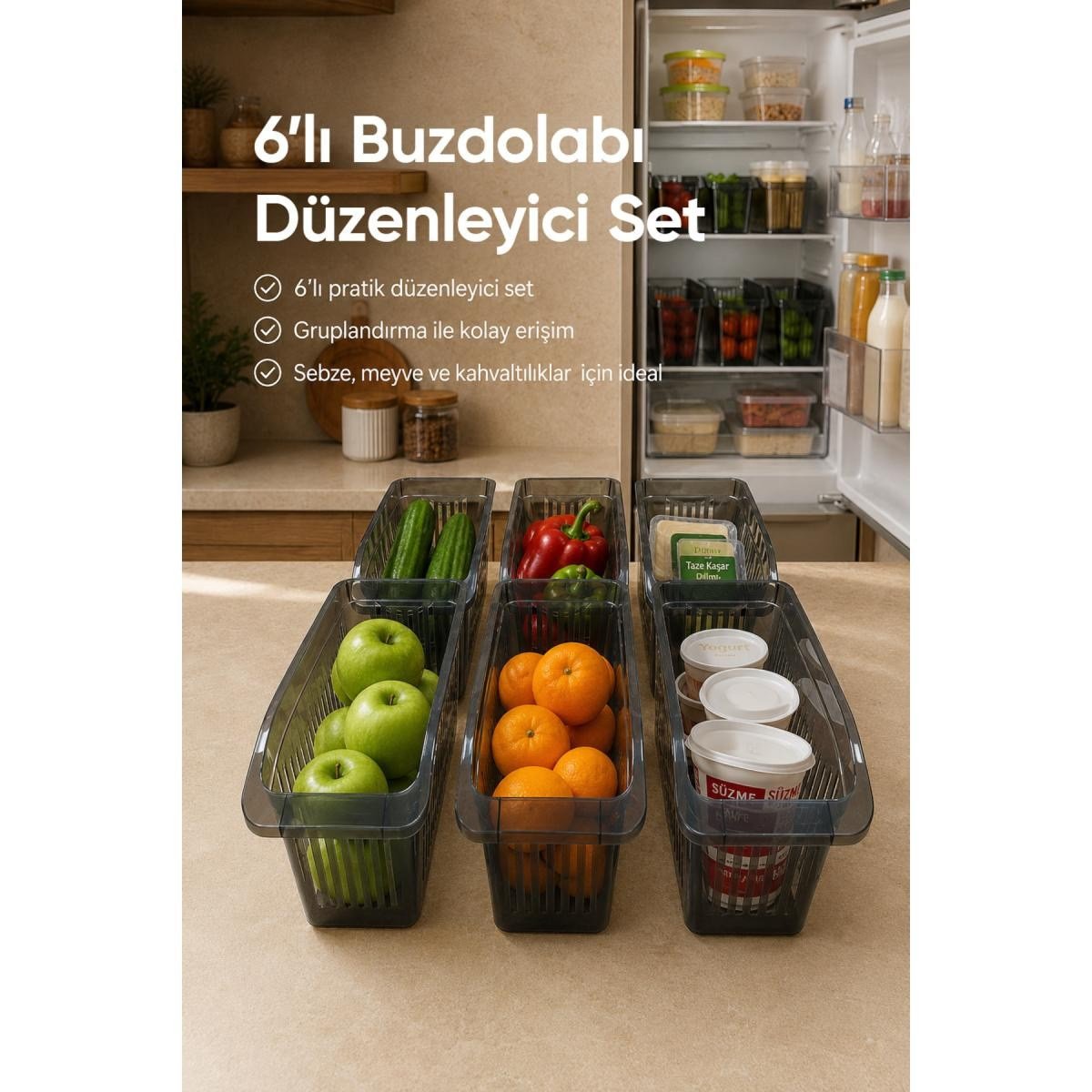 Vienev 6'lı Şeffaf Antrasit Buzdolabı Düzenleyici Dolap İçi Düzenleme Organizer Seti