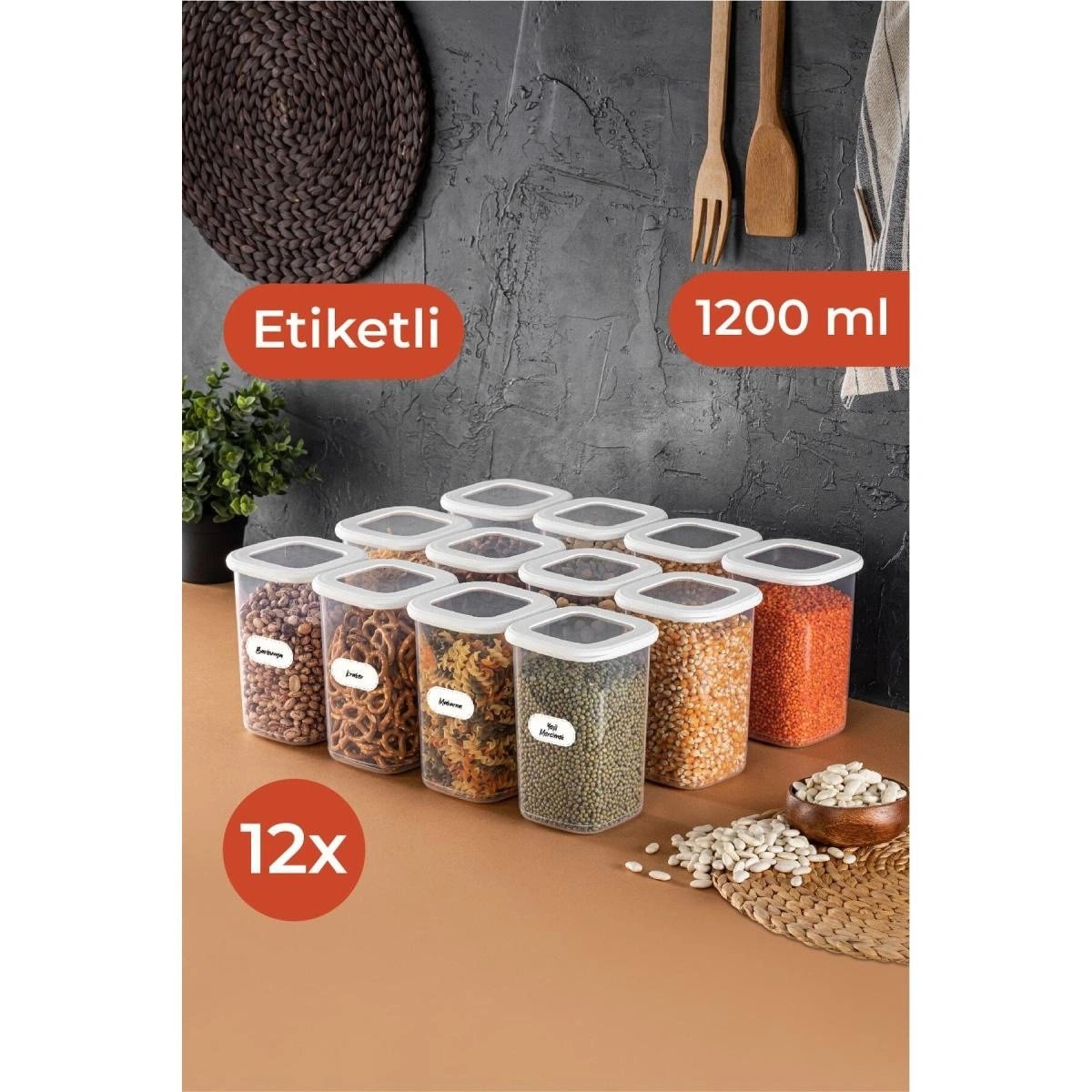 Vienev Beyaz Etiketli 12'li Set Orta Boy 1,2 Litre Kare Erzak Saklama Kabı Beyaz