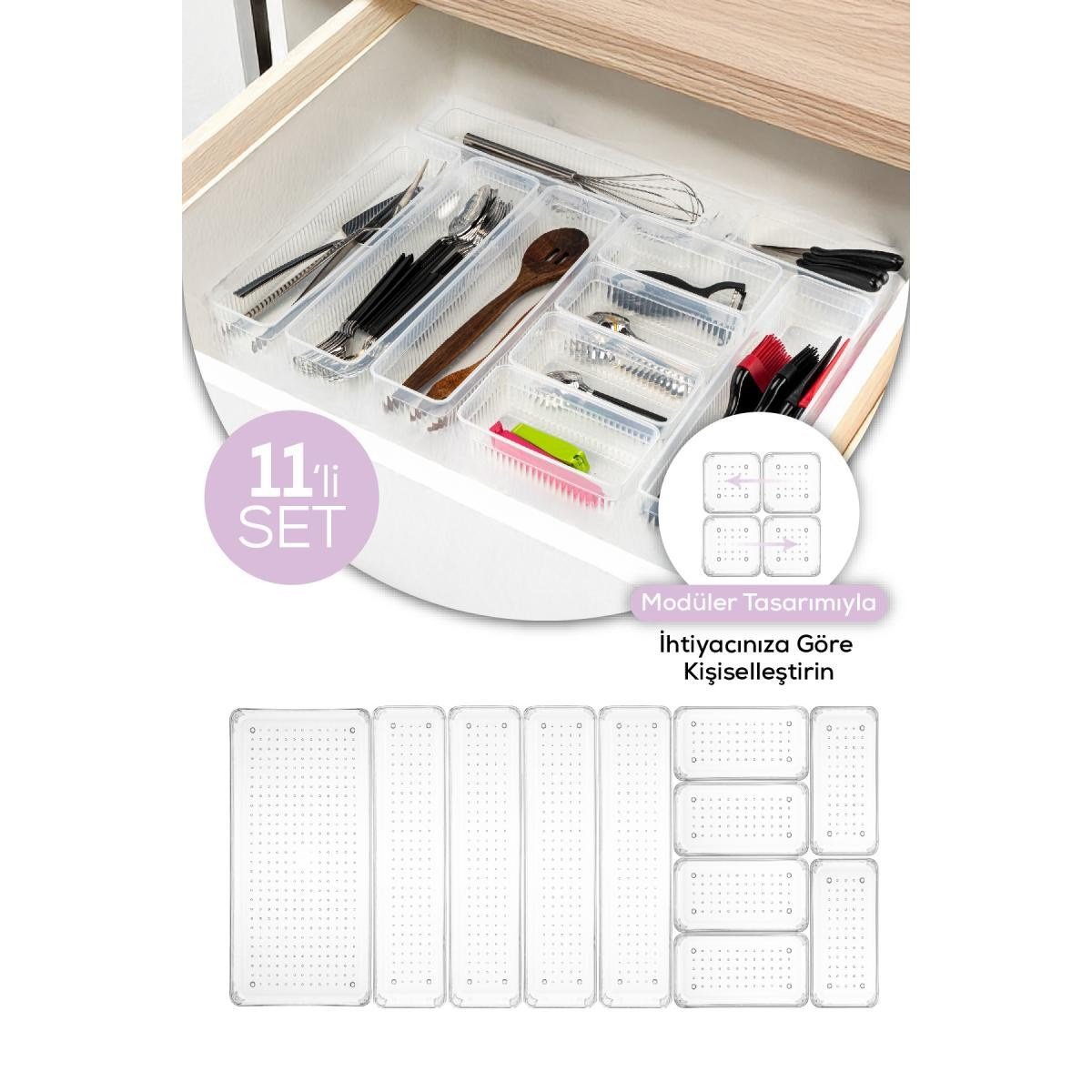 Vienev Çekmece İçi Kaşıklık - Dolap İçi Çatal-kaşık Bıçak Düzenleyici Organizer 11li Set Beyaz