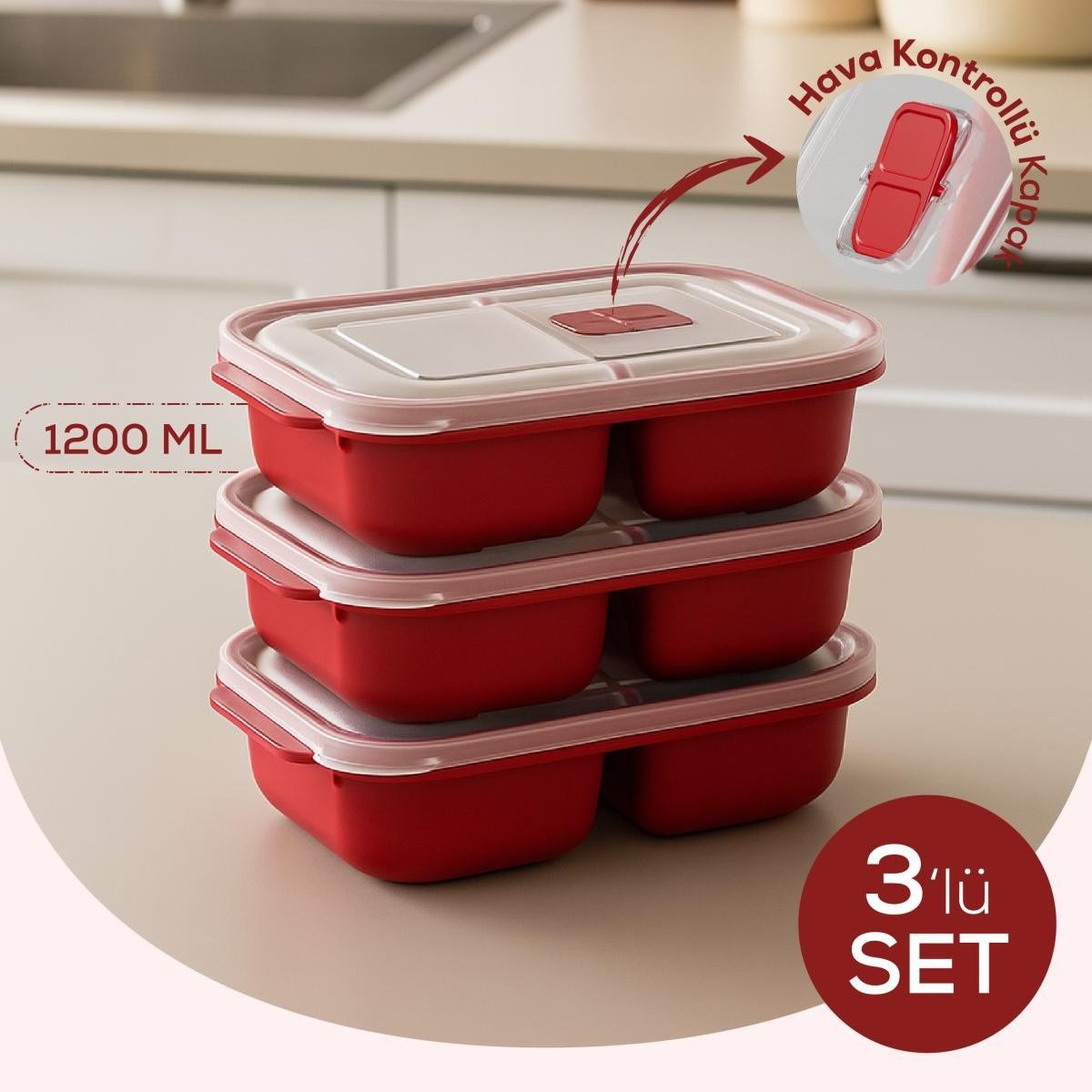Vienev Kapaklı 3’lü Mikrodalgaya Uygun Bölmeli Dikdörtgen Saklama Kabı Seti - 1200 Ml