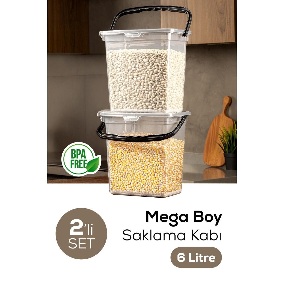 Vienev Mega Boy 2'li Kare Un Bakliyat Kabı 6 Litre - Kulplu Saklama Kutusu Kabı Şeffaf