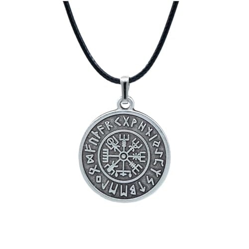 Viking Pusulası Vegvisir Deri ip Kolye - Gümüş Kaplama - Kadın Erkek Kolye - No:791