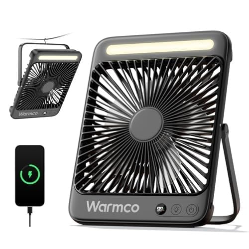 Warmco 20000mAh 8 inç Taşınabilir Kamp Fanı, 48 Saat Maksimum Çalışma Süresi, LED Işık, Sessiz İnce Pille Çalışan Kişisel Masa Fanı Ofis, Seyahat, Yatak Odası, Dış Mekan için Dijital Ekranlı