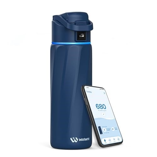 WATERH Su İçmeyi Hatırlatan Akıllı Su Şişesi, 24 oz BPA İçermeyen Paslanmaz Çelik Vakum Yalıtımlı Su Şişesi, APP'li Geniş Ağızlı Su Takip Şişesi, Hediye için İdeal - Mavi
