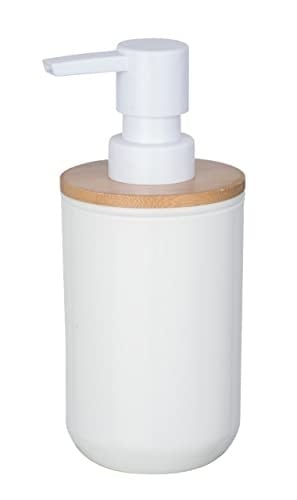 WENKO Posa sabunluk, sıvı sabun, losyon veya deterjan için doldurulabilir pompalı dağıtıcı, sürdürülebilir bambu desenli beyaz plastik, (G x Y x D): 7 x 16,5 x 8 cm, kapasite yaklaşık 330 ml