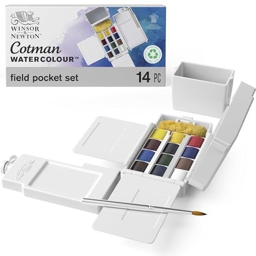 Winsor & Newton 0390639 Cotman Field Box sulu boya seti, yüksek ışık haslığına sahip canlı sulu boya, geniş renk seçenekleri, eskimeye karşı dayanıklı - 1/2 kapta 12 renk, karıştırma paleti, su tankı