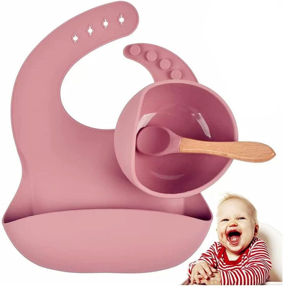 Xspring Silikon bebek beslenme seti, bebek kasesi, ayarlanabilir mama önlüğü, bebek kaşıkları içeren set, yürümeye başlayan çocuklar için silikon beslenme seti (pembe)
