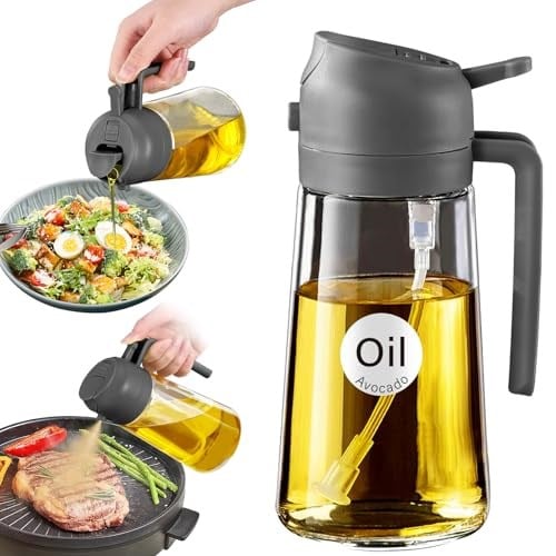 YARRAMATE Zeytinyağı Dispenseri, Yemek Pişirme için 2'si 1 Arada Püskürtücü, 470ml Cam Püskürtme Şişesi, Mutfak, Salata, Kızartma, Barbekü için Gıda Sınıfı Yağ Dağıtıcı ve Yağ（gri） | Gıda sınıfı dağıt