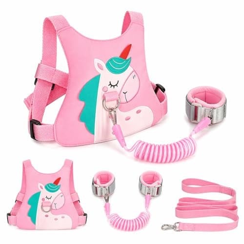 Yeni Yürümeye Başlayan Çocuk Tasma - Bebek Yürüyüş Güvenlik Koşum Takımı ve Çocuk Kaybolmaya Karşı Bilek Bağlantısı Kızlar/Erkek Çocukları Seyahat için (Pembe, Tek Boynuzlu At)
