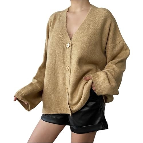 Yumoş V Yaka Düğmeli Oversize Triko Kadın Hırka 24106