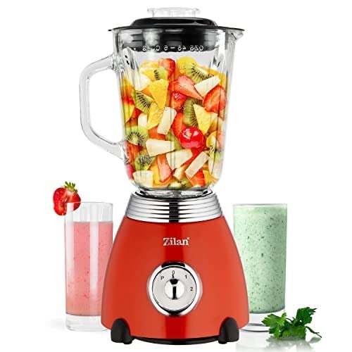 ZLN7057 60'lı yıllar retro blender, 6 bölmeli metal bıçak, 1,5 litre ml, 500 Watt, cam, paslanmaz çelik, nabız fonksiyonu, evrensel güçlü mikser, Smoothie makinesi, buz kırıcı, yumurta akı çalkalayıcı