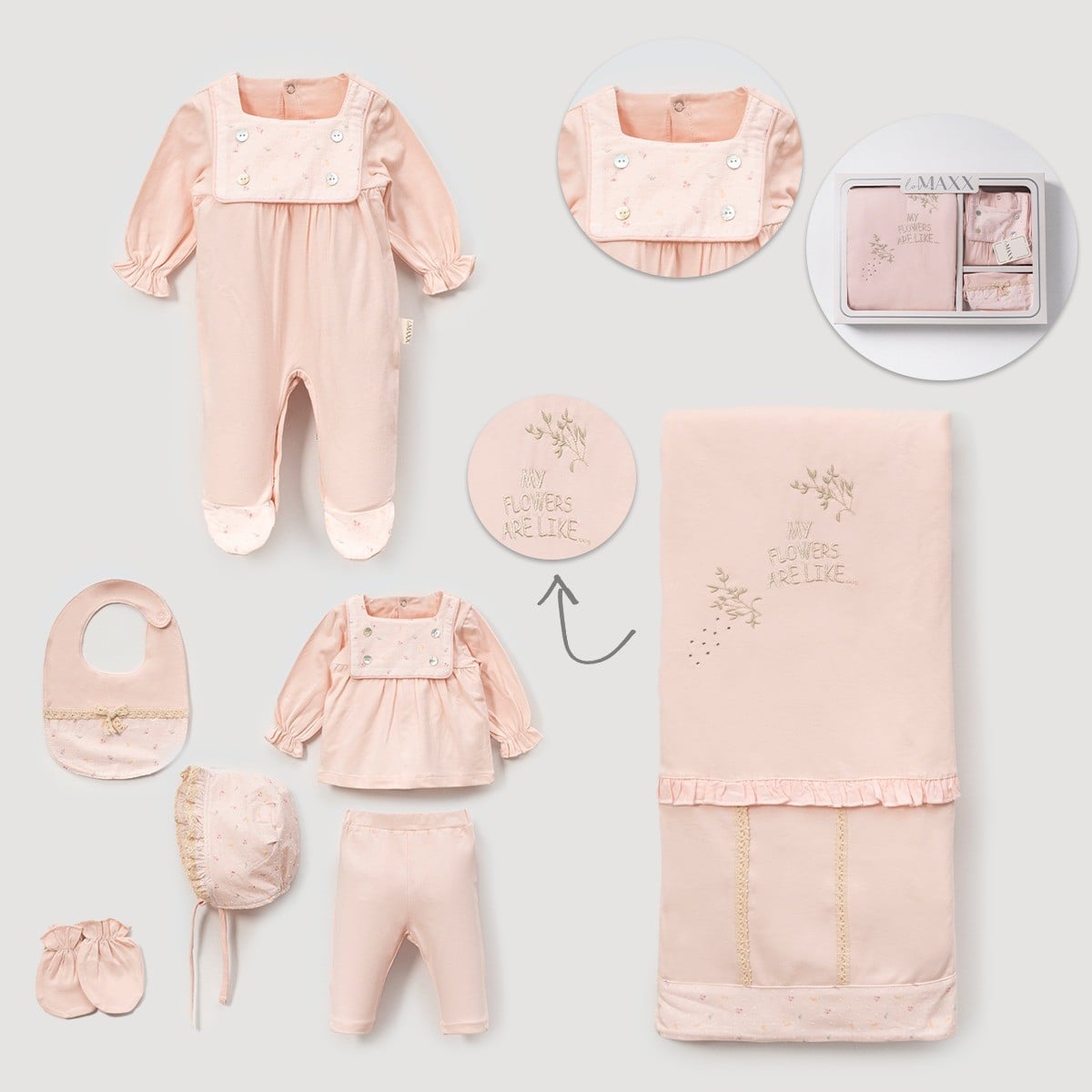 Kız Bebek Nakışlı Premium 7'li Set