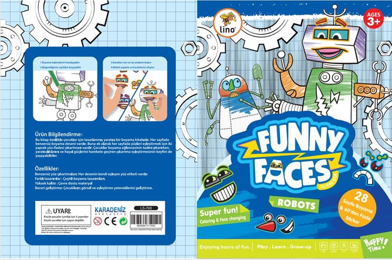 LİNO FUNNY FACES STİCKERLI BOYAMA KİTABI ROBOTLAR